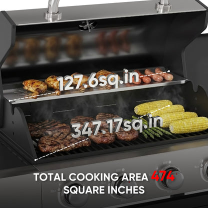 Belord 4-Burner Propane Gas Grill with Side Burner, 44,000 BTU Outdoor BBQ Grill with Cast Iron Grates