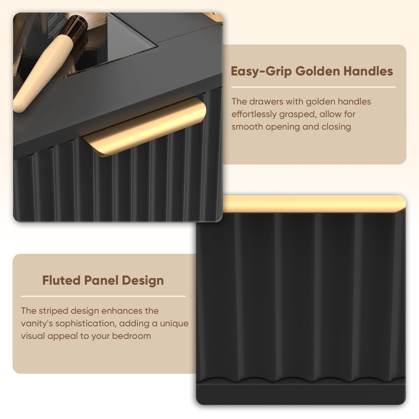 Save 50% - 37" Fluted Makeup Vanity Desk with LED Mirror, 5 Drawers & Glass Top, Vanity Table with Cabinet, Chair and Charging Station, 3 Light Modes for Bedroom