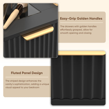 Save 50% - 37" Fluted Makeup Vanity Desk with LED Mirror, 5 Drawers & Glass Top, Vanity Table with Cabinet, Chair and Charging Station, 3 Light Modes for Bedroom