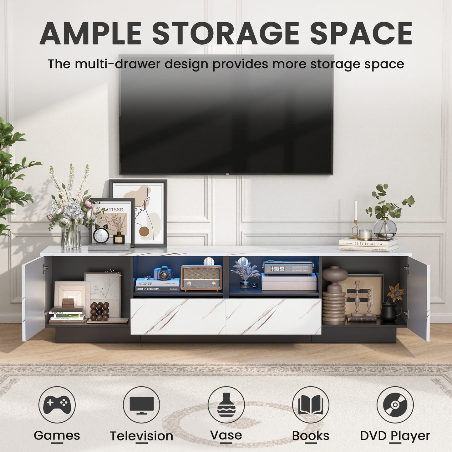 Save 50% - 71" Modern TV Stand | Featuring a Luxe Marble Top, Ambient LED Lighting & Ample Storage