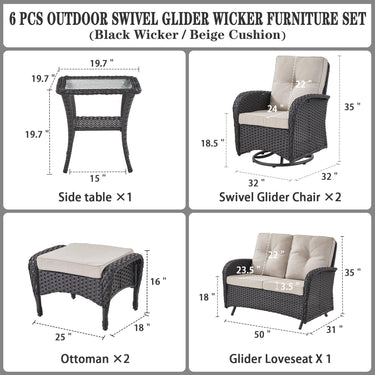 Patio Conversation Set 6-Piece with Glider Loveseat, Swivel Glider Chairs, Side Table, and Ottoman, NDS Series - Belord