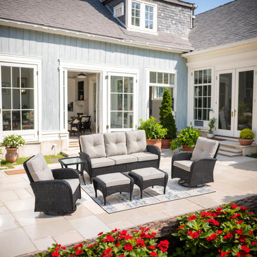 Patio Conversation Set 6-Piece with Sofa, Swivel Glider Chairs, Side Table, and Ottoman, NDS Series - Belord