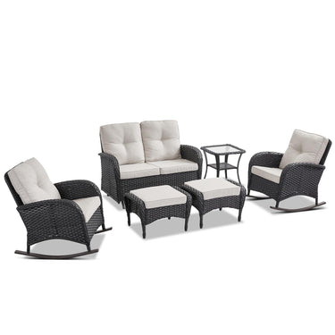 Patio Conversation Set 6-Piece with Glider Loveseat, Rocking Chairs, Side Table, and Ottoman, NDS Series - Belord