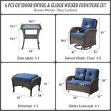 Patio Conversation Set 6-Piece with Glider Loveseat, Swivel Glider Chairs, Side Table, and Ottoman, NDS Series - Belord