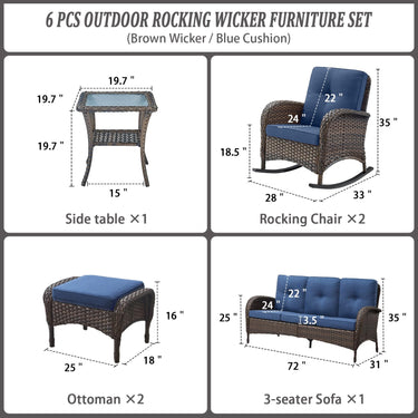 Patio Conversation Set 6-Piece with Sofa, Rocking Chairs, Side Table, and Ottoman, NDS Series - Belord