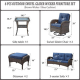 Patio Conversation Set 6-Piece with Sofa, Swivel Glider Chairs, Side Table, and Ottoman, NDS Series - Belord