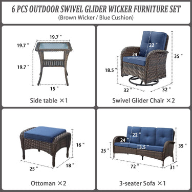 Patio Conversation Set 6-Piece with Sofa, Swivel Glider Chairs, Side Table, and Ottoman, NDS Series - Belord