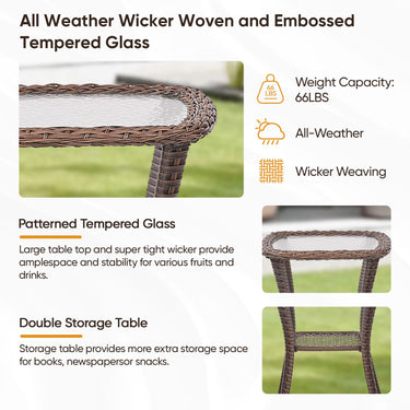 Belord 3-piece outdoor wicker swivel glider chair and side table set from the OVOLO Series in brown for patio conversation.