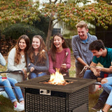 Belord 6-inch cushion patio fire pit set with high back swivel chairs and rectangular fire table with wind guard in brown.