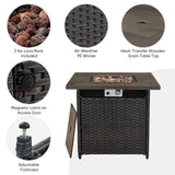 Belord 6-inch cushion patio fire pit set with high back swivel chairs and rectangular fire table with wind guard in brown.