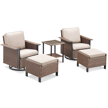 5-Piece Outdoor Swivel Glider Set — High-Back Wicker Chairs, 2 Ottomans & Glass Table, WNG Series