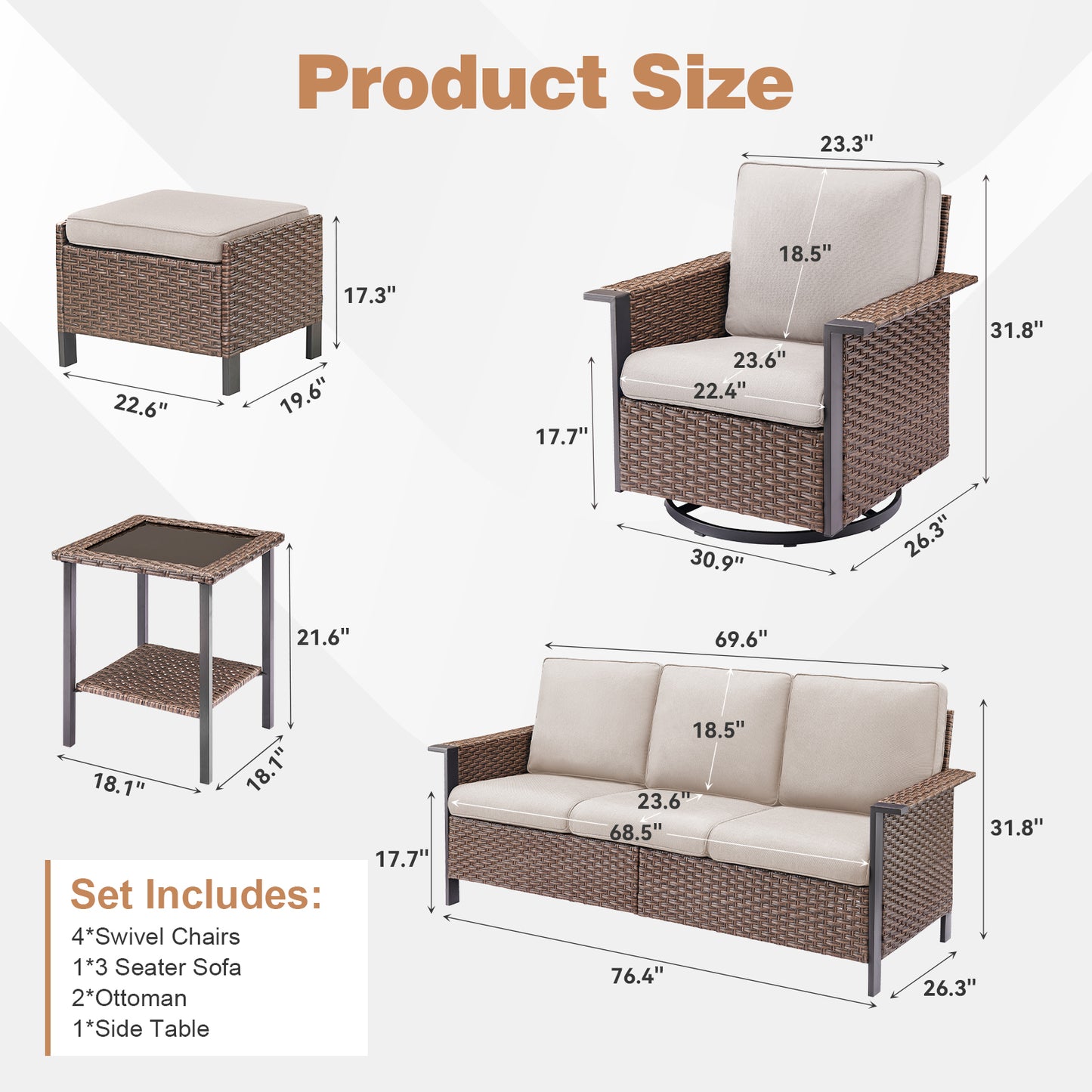 8-Piece Wicker Patio Set: All-Weather 3-Seater Sofa with 4 Swivel Rocker Chairs & 2 Ottomans & Rattan Side Table, WNG Series