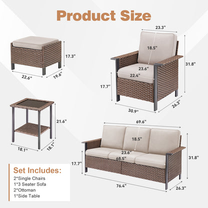 Patio Conversation Patio Set (6-Piece) — All-Weather Rattan Furniture with 3-Seater Sofa & Patio Chairs, WNG Series