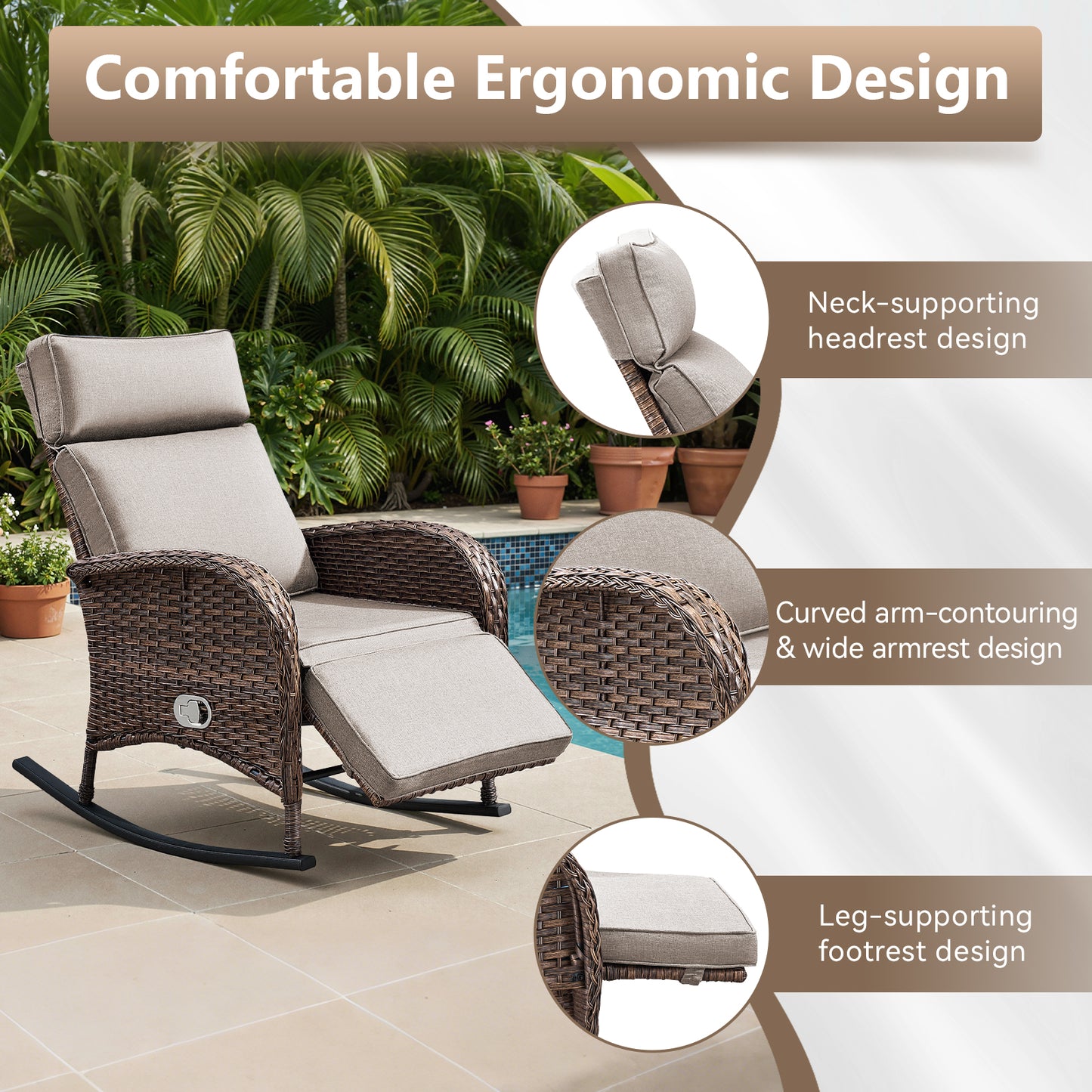 Premium 4-Piece Wicker Rocking Recliner Chair Set with Adjustable Backrest & Footrest, Cushioned PE Rattan Patio Lounge Chairs, NDS Series