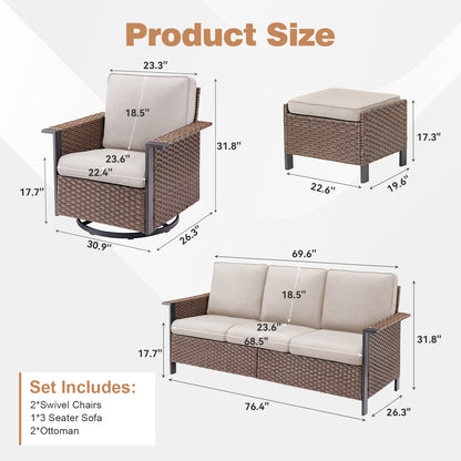 Outdoor Furniture Set for Patio & Poolside — 1 PE Wicker Sofa, 2 Swivel Glider Chairs & 2 Ottomans with Cushions, WNG Series