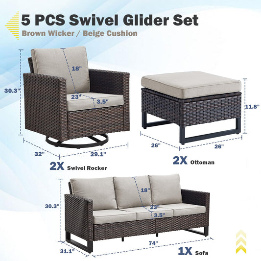 Patio Conversation Set 5-Piece with Sofa, Swivel Glider Chairs, and Ottoman, GRS Series