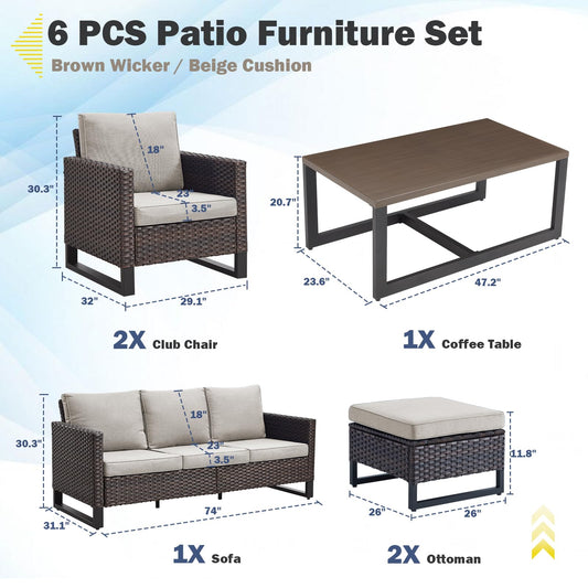 Patio Conversation Set 6-Piece with Sofa, Patio Chairs, Coffee Table, and Ottoman, GRS Series