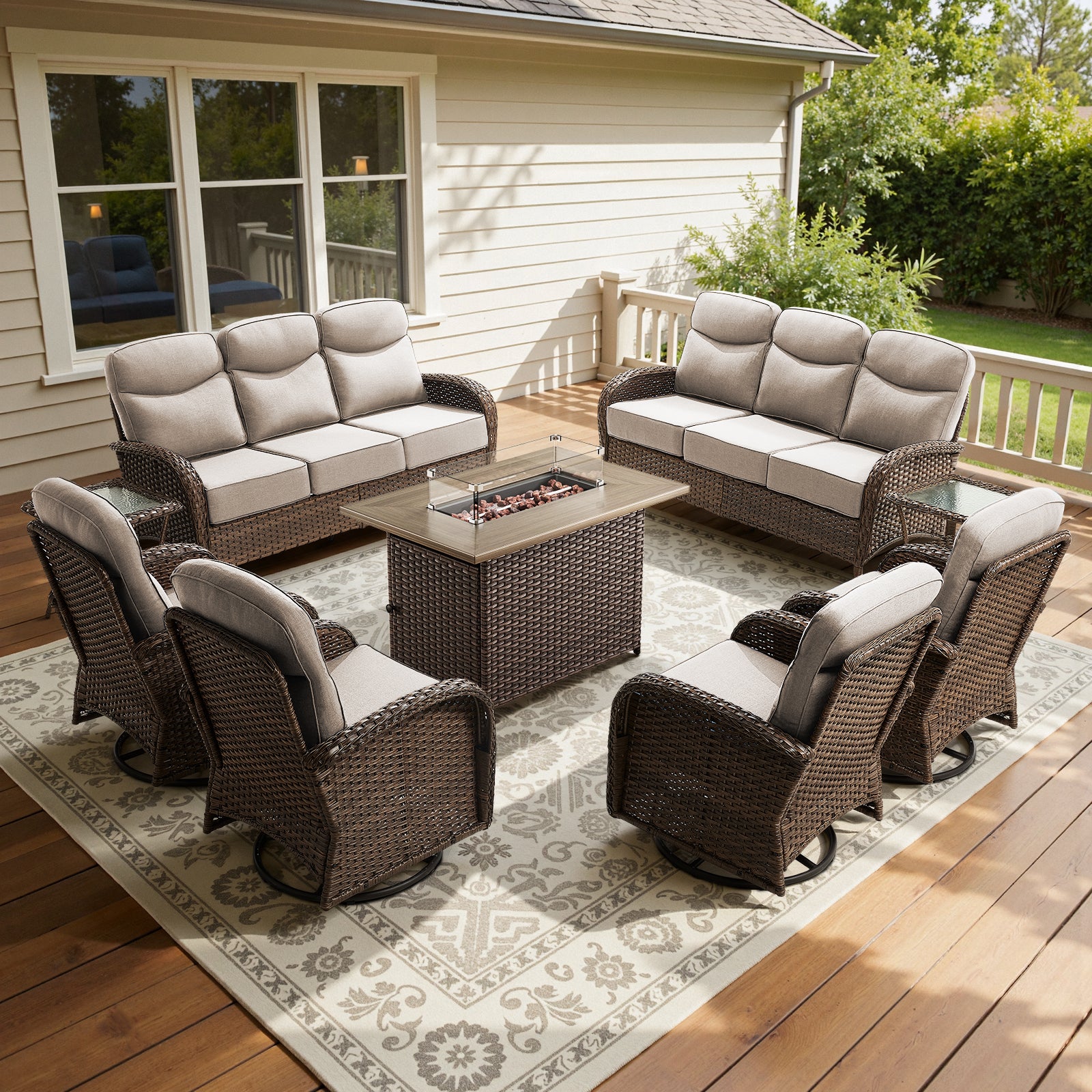 Premium 9-Piece Wicker Patio Set with Fire Pit Table – Resort-Style Comfort for Patio & Deck, ND Series - Belord