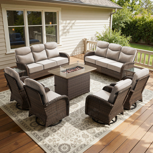 Premium 9-Piece Wicker Patio Set with Fire Pit Table – Resort-Style Comfort for Patio & Deck, ND Series - Belord