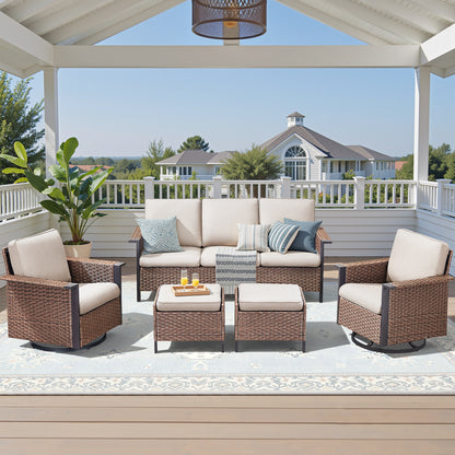 Outdoor Furniture Set for Patio & Poolside — 1 PE Wicker Sofa, 2 Swivel Glider Chairs & 2 Ottomans with Cushions, WNG Series