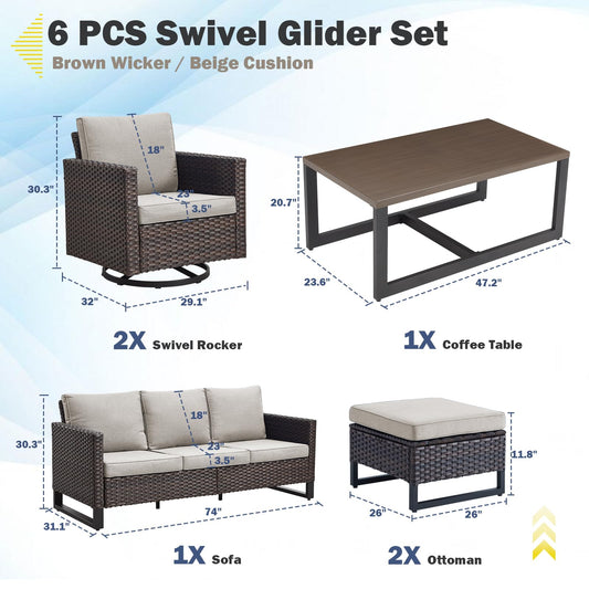 Patio Conversation Set 6-Piece with Sofa, Swivel Glider Chairs, Coffee Table, and Ottoman, GRS Series