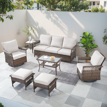 Patio Conversation Set 7-Piece with Sofa, Swivel Glider Chairs, Coffee Table, Side Table, and Ottoman, SS Series - Belord