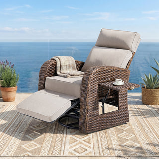Belord outdoor chaise lounge chair with extendable ottoman, foldable table, brown wicker frame and beige cushions.