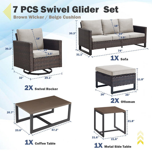 Patio Conversation Set 7-Piece with Sofa, Swivel Glider Chairs, Coffee Table, Side Table, and Ottoman, GRS Series