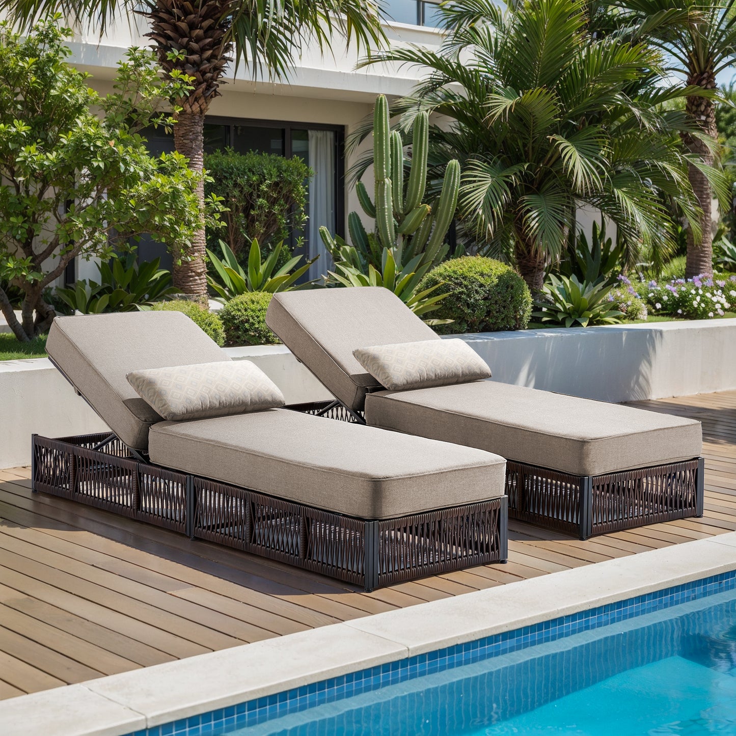 Set of 2 Luxury Chaise Lounges | 5-Inch Cushions & Reclining Back for Poolside, NTC Series