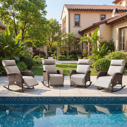 Premium 4-Piece Wicker Rocking Recliner Chair Set with Adjustable Backrest & Footrest, Cushioned PE Rattan Patio Lounge Chairs, NDS Series