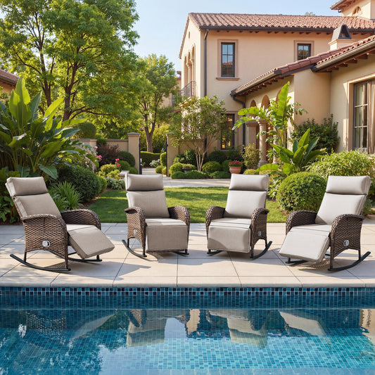 Premium 4-Piece Wicker Rocking Recliner Chair Set with Adjustable Backrest & Footrest, Cushioned PE Rattan Patio Lounge Chairs, NDS Series