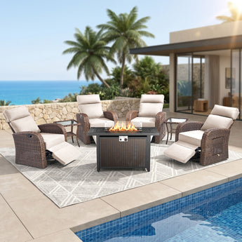 7-Piece Patio Recliner Set with Fire Pit Table & Ottomans, AM Series