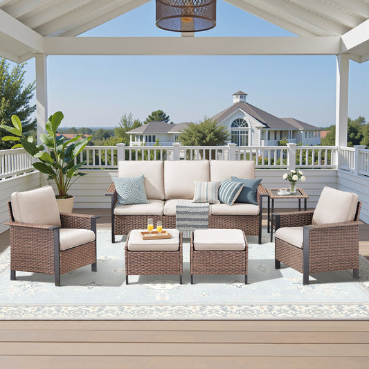 Patio Conversation Patio Set (6-Piece) — All-Weather Rattan Furniture with 3-Seater Sofa & Patio Chairs, WNG Series