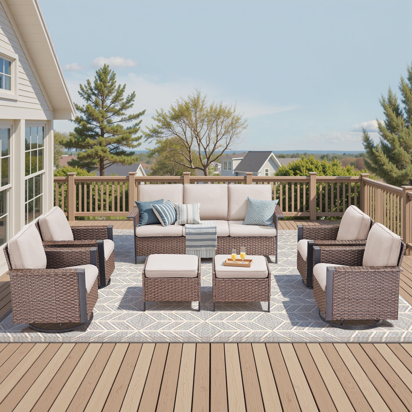 WNG Series: 7-Piece All-Weather Patio Set — 3-Seater Wicker Sofa with 7 Seating Pieces (4 Chairs & 2 Ottomans), WNG Series