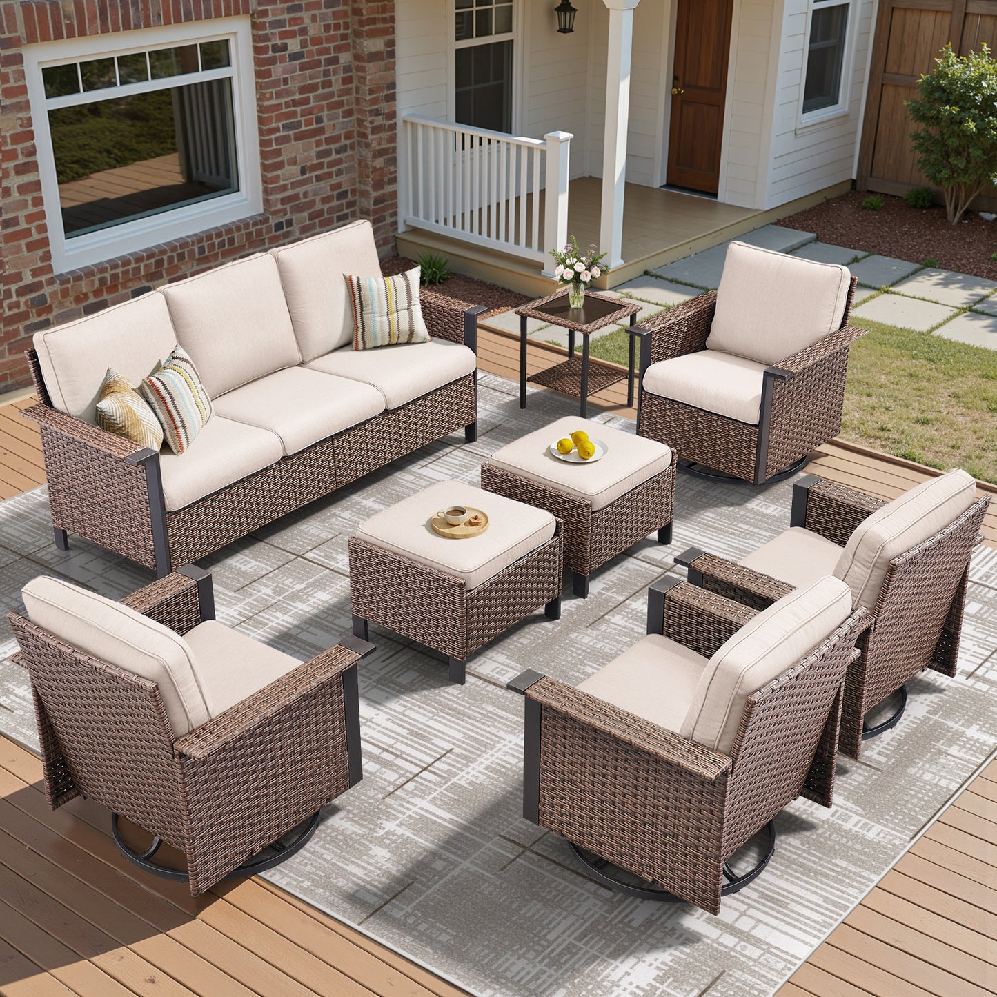 8-Piece Wicker Patio Set: All-Weather 3-Seater Sofa with 4 Swivel Rocker Chairs & 2 Ottomans & Rattan Side Table, WNG Series