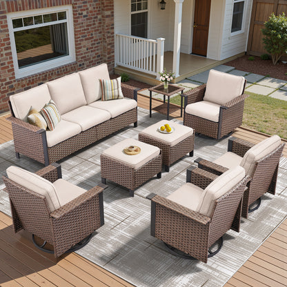 8-Piece Wicker Patio Set: All-Weather 3-Seater Sofa with 4 Swivel Rocker Chairs & 2 Ottomans & Rattan Side Table, WNG Series