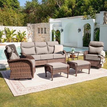 Premium 6-Piece Patio Lounge Set – Sofa, Swivel Rockers & Ottomans with Deep Cushions for Deck Relaxation, ND Series - Belord