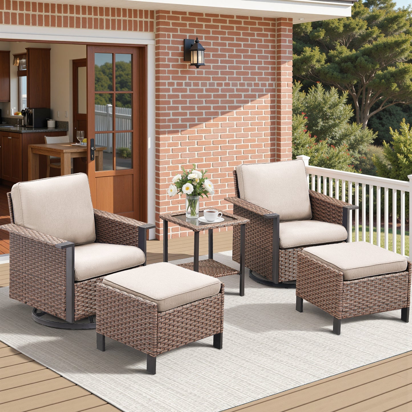 5-Piece Outdoor Swivel Glider Set — High-Back Wicker Chairs, 2 Ottomans & Glass Table, WNG Series