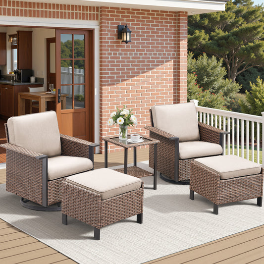 5-Piece Outdoor Swivel Glider Set — High-Back Wicker Chairs, 2 Ottomans & Glass Table, WNG Series