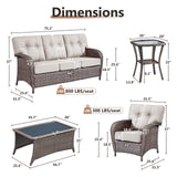 Belord luxury 5-piece patio conversation set with brown wicker, beige cushions, T-back design, includes sofa, chairs, side and coffee tables.