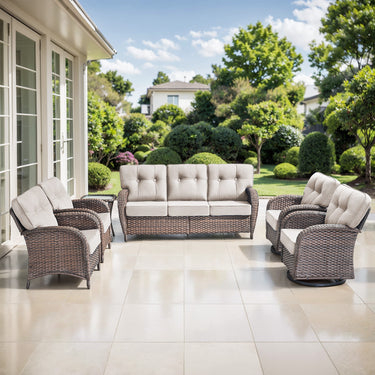 Belord luxury 6-piece patio conversation set with brown PE wicker, beige cushions, includes sofa, swivel rockers, chairs, and side table.