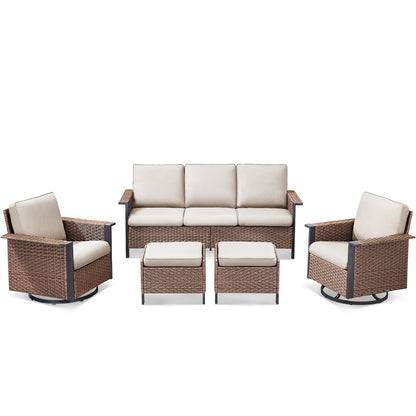 Outdoor Furniture Set for Patio & Poolside — 1 PE Wicker Sofa, 2 Swivel Glider Chairs & 2 Ottomans with Cushions, WNG Series