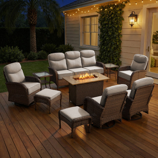 Elegant 10-Piece Rattan Patio Set with Wicker Fire Pit Table – Designed for Cozy Summer Nights, ND Series - Belord