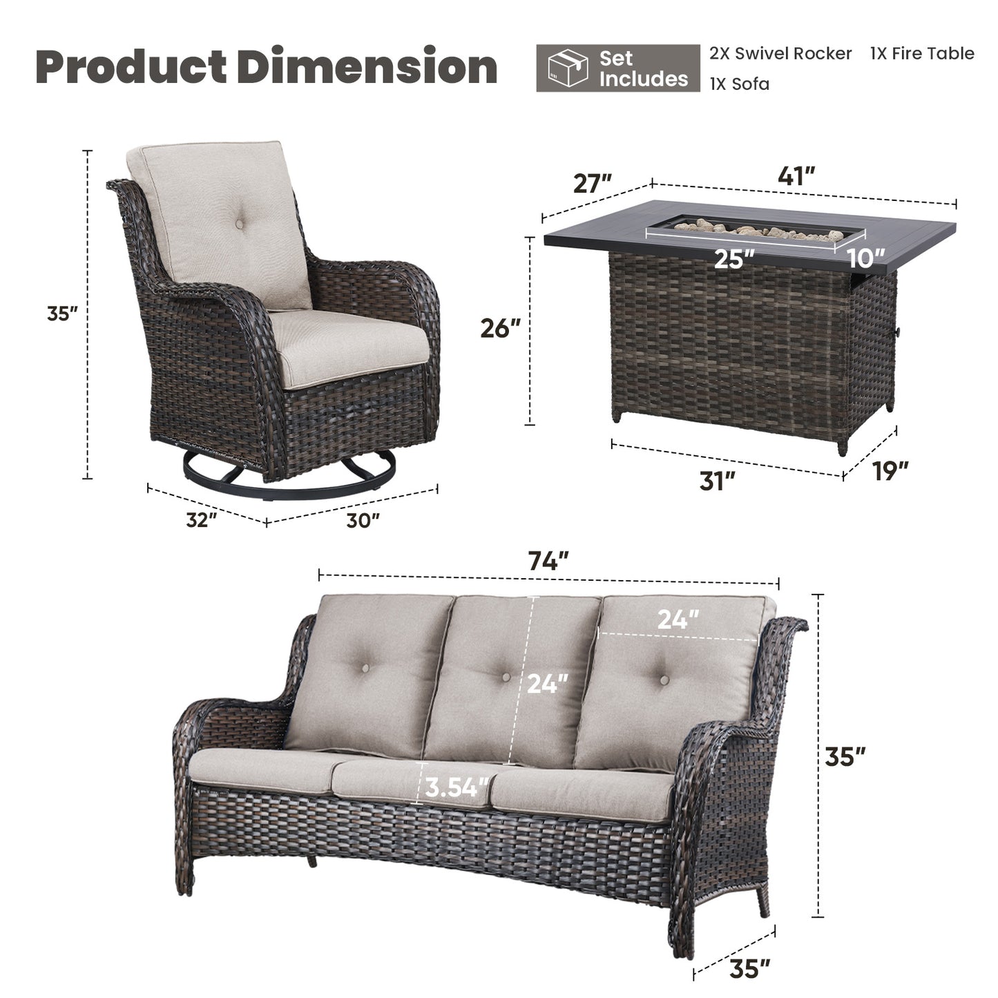 Height-Adjustable Fire Pit Table Set with Swivel Glider Chairs and Sofa, NTC Series