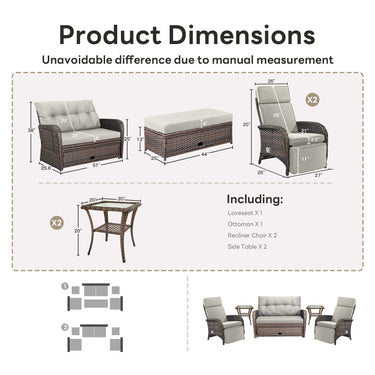 Premium 6-Piece Patio Furniture Set - All-Weather PE Wicker Conversation Set with Loveseat Daybed, 2 Recliner Lounge Chairs & 2 Side Table for Poolside, NDS Series - Belord