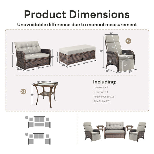 Premium 6-Piece Patio Furniture Set - All-Weather PE Wicker Conversation Set with Loveseat Daybed, 2 Recliner Lounge Chairs & 2 Side Table for Poolside, NDS Series