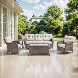 Belord luxury 5-piece patio conversation set with brown PE wicker, beige cushions, T-back design, includes sofa, chairs, and tables.
