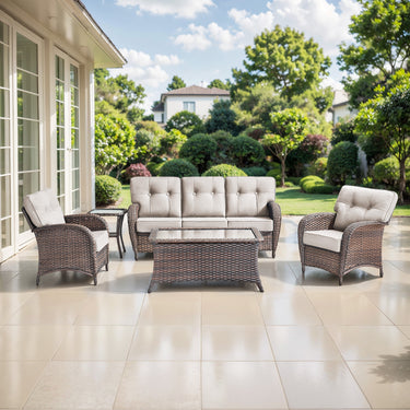 Belord luxury 5-piece patio conversation set with brown PE wicker, beige cushions, T-back design, includes sofa, chairs, and tables.