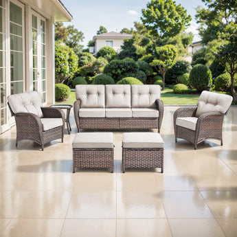 Belord T Series 5-piece patio set with brown all-weather PE wicker, beige cushions, includes sofa, chairs, side table, and ottomans.