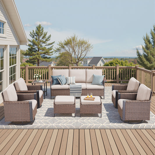 8-Piece Wicker Patio Set: All-Weather 3-Seater Sofa with 4 Swivel Rocker Chairs & 2 Ottomans & Rattan Side Table, WNG Series
